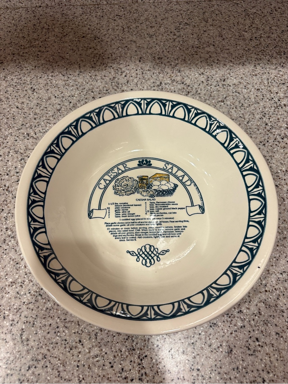 Classic Cream and Teal Caesar Salad Serving Bowl